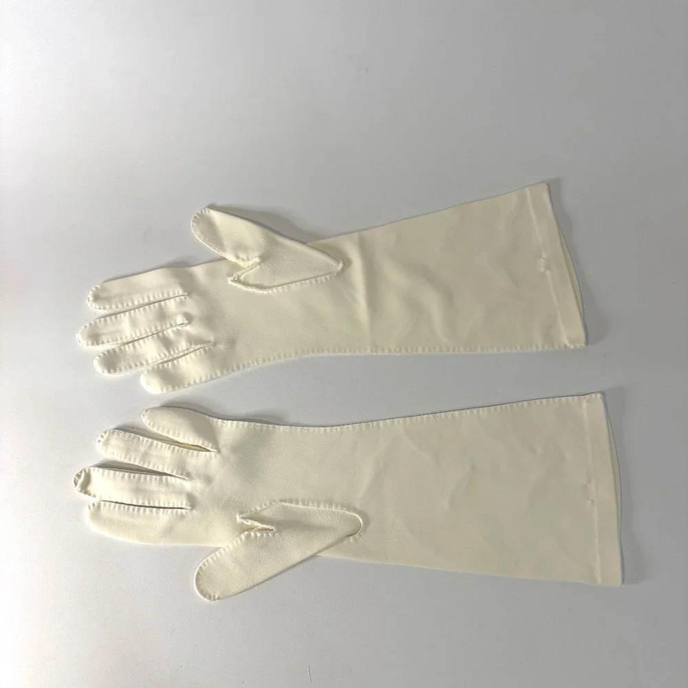 Vintage Ivory Opera Length Gloves Mid Century Embroidered Formal Bridal Cream